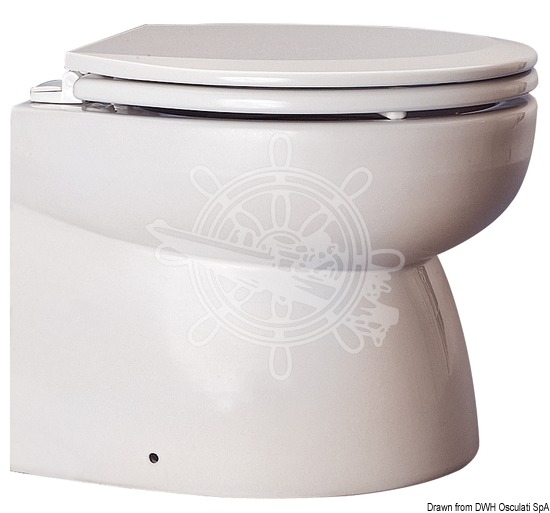 Faired electric toilet unit with white porcelain bowl